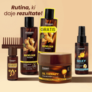 Assorted Rossen Natural hair care products on a beige background with a bright 'GRATIS' promo tag across the central bottle.