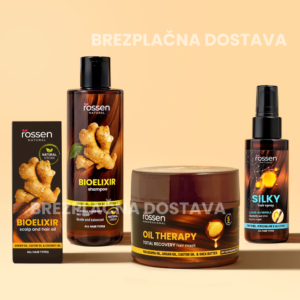 Rossen Natural hair care set on a beige background: BioElixir shampoo, BioElixir scalp/oil, Oil Therapy mask, and Silky spray bottle.