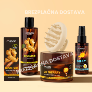 Rossen Natural hair care set (Bioelixir shampoo, oil therapy mask, Silky hair spray) with ginger root and a brush, plus 'Brezplačná Dovoz/ DOSTAVA' banner indicating free shipping.