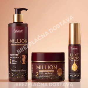 Rossen Professional Million keratin hair care set: pump shampoo, keratin mask jar, and Luxe Drops argan oil serum on a peach background
