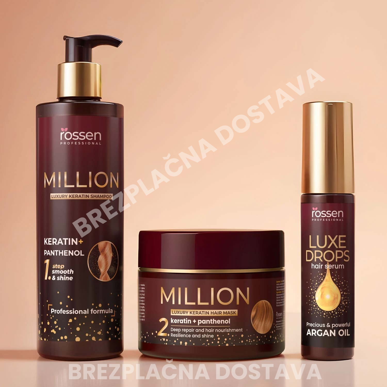 Rossen Professional Million keratin hair care set: pump shampoo, keratin mask jar, and Luxe Drops argan oil serum on a peach background