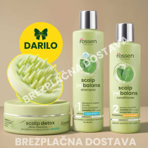 Rossen natural scalp care set: detox jar, balancing shampoo, and conditioner on beige background with a yellow 'DARILO' badge and 'BREZPLAČNA DOSTAVA' text badge (free shipping).