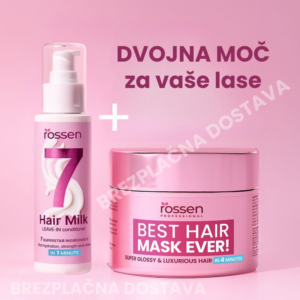 Pink background featuring Rossen Hair Milk leave-in conditioner bottle and a large jar labeled 'BEST HAIR MASK EVER!', with a bold headline 'DVOJNA MOČ za vaše lase' above.