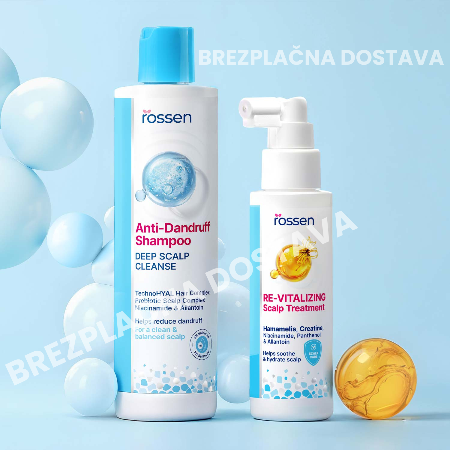 Rossen anti-dandruff shampoo and scalp treatment bottles on a blue background with a 'BREZPLAČNÁ DOSTAVA' banner in the corner.