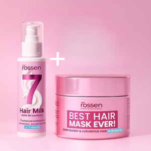 Rossen hair care duo: a pink Hair Milk leave-in conditioner bottle and a pink Best Hair Mask Ever jar on a pink background.