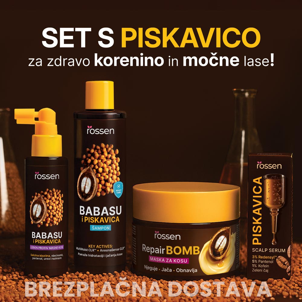 Advertising image for Rossen hair care set (Babas u and Piskavica) with shampoo, mask, scalp serum; promotes healthy roots and strong hair; free shipping claim at bottom.