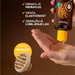Brown bottle dispenses hair oil onto a hand; beige scalp massager visible; yellow badge reads 'DARILO MASAŽER'.