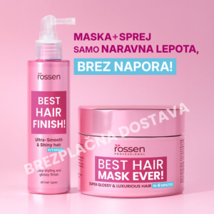 Pink Rossen hair-care duo (spray bottle and jar) with bold white text on pink labels, on a pink background; promotes Best Hair Finish and Best Hair Mask Ever.