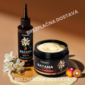 Rossen Batana & Moringa hair oil bottle and open hair mask jar on a tan backdrop with white flowers and a cream swirl, suggesting premium hair care.