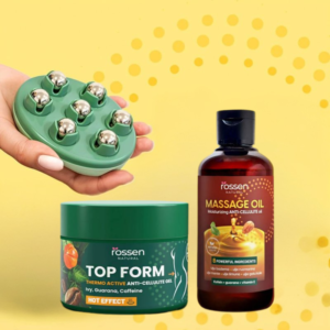 Hands holding a green multi‑roller massager next to a green jar labeled 'Top Form' anti‑cellulite gel and a brown bottle 'Massage Oil' on a yellow backdrop.