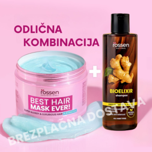 Pink jar labeled Best Hair Mask Ever! and a brown bottle of Bioelixir shampoo sit on a pink background, with a white plus sign, advertising a hair care combo.