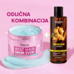Pink background ad for a hair-care duo: jar of Best Hair Mask Ever and Bioelixir shampoo bottle with a plus sign between them, suggesting a perfect combination.