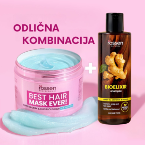 Pink jar labeled 'Best Hair Mask Ever!' with light blue cream beside a brown 'BioElixir' shampoo bottle on a pink background, with a plus symbol between them.