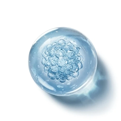 Blue glass marble with air bubbles inside, resting on a white background and casting a soft shadow.