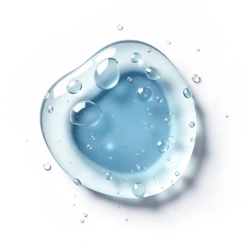 Translucent blue water droplet with bubbles, isolated on a white background