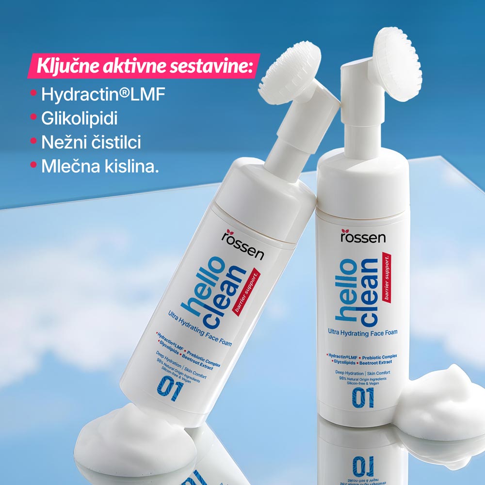 Advertisement for Rossen Hello Clean ultra-hydrating face foam with two bottles leaning on a reflective surface against a blue sky; key ingredients listed in Slovenian.