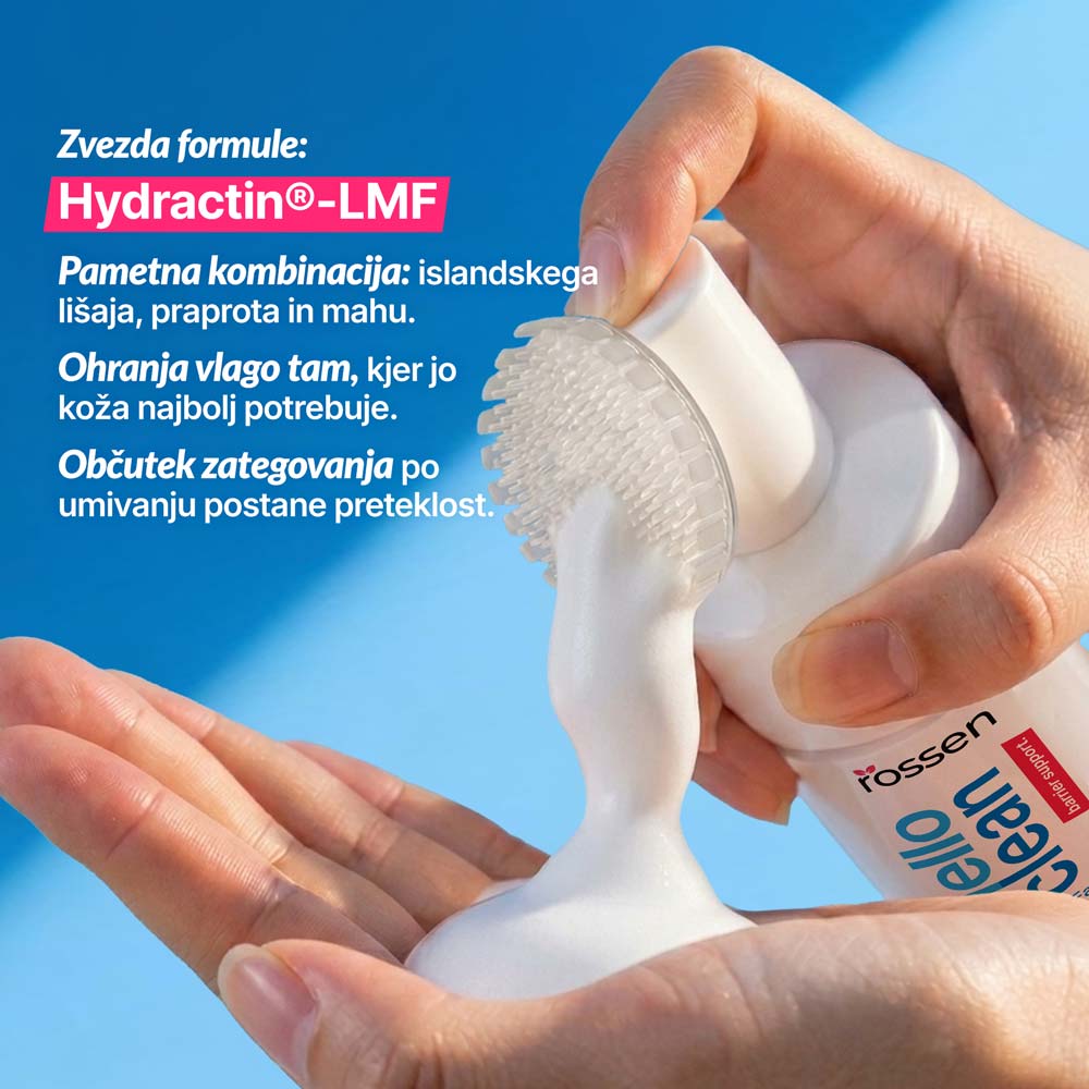 Close-up of a hand squeezing a foamy lotion from a bottle onto the other palm, against a blue background; Slovenian product ad for Hydractin-LMF is visible.