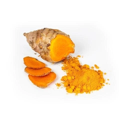Turmeric root with orange slices and a pile of ground turmeric on a white background