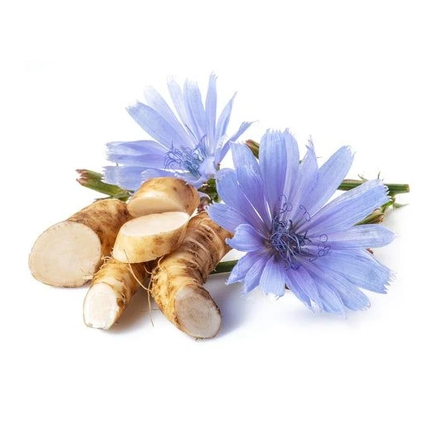 Galangal rhizomes beside blue cornflowers on a white background
