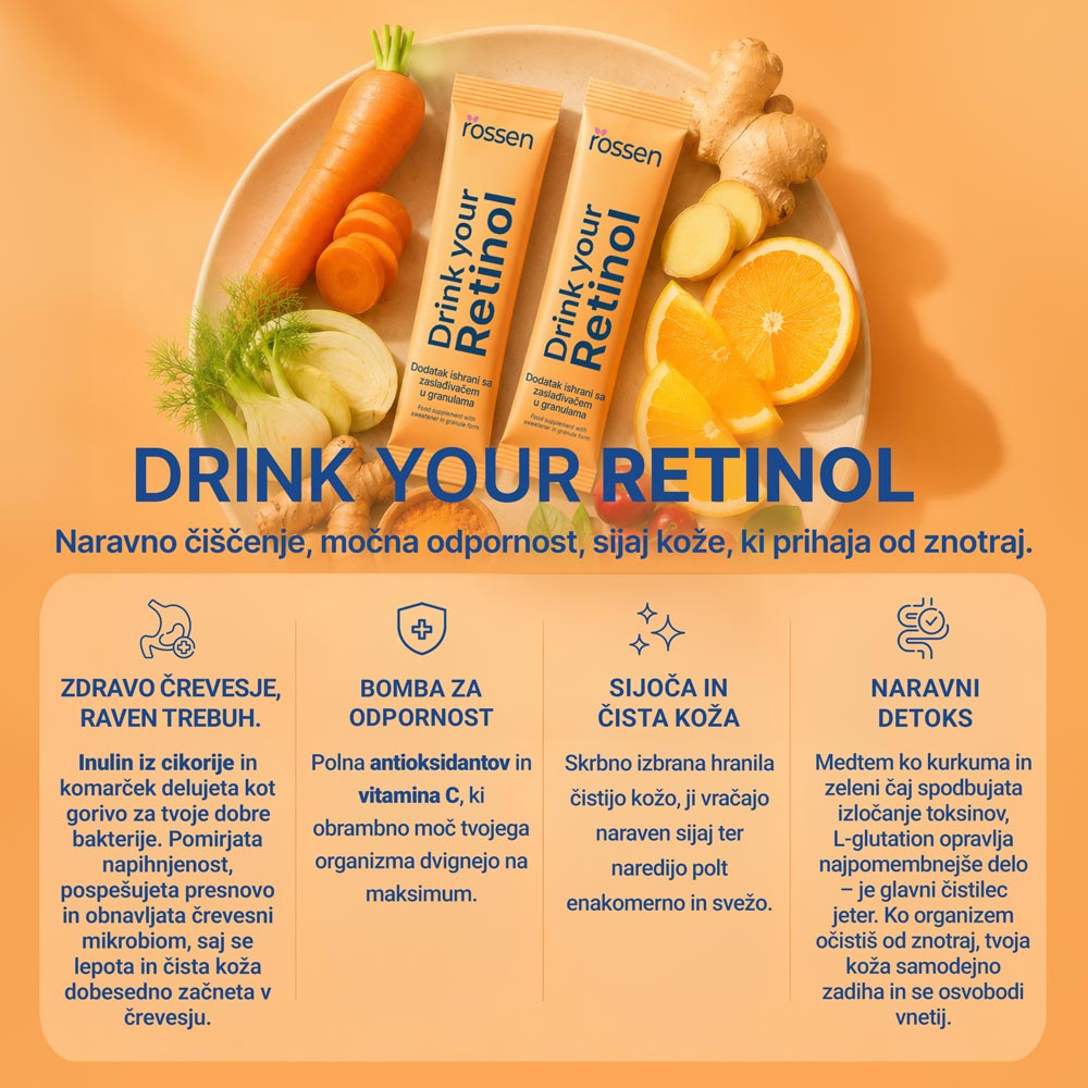 Advertisement showing carrots, orange slices and two Rössen Drink Your Retinol sachets with a bold DRINK YOUR RETINOL title on an orange background, plus four benefit panels in Slovene.