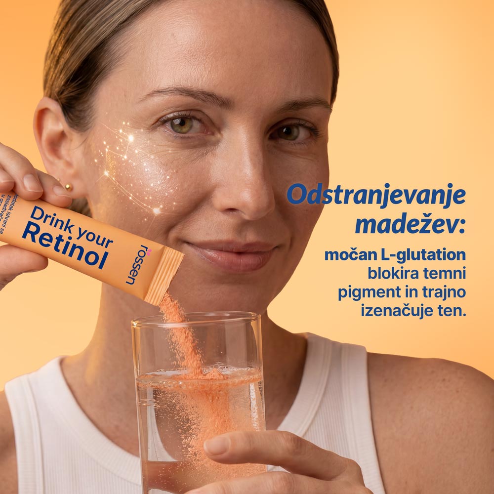 Woman pours peach powder from a sachet labeled 'Drink your Retinol' into a glass of water against an orange background, skincare ad context.