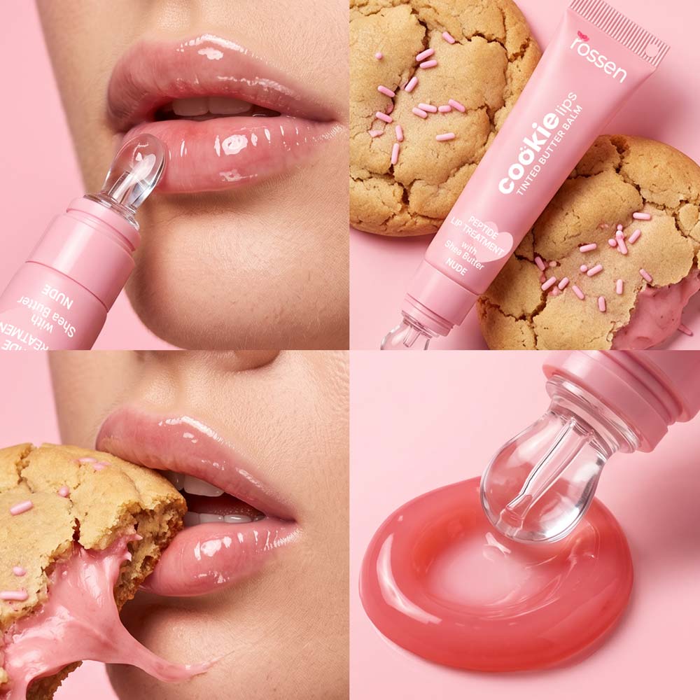 Collage promoting pink lip balm: close-up glossy lips applying product, Cookies Lips balm tube with cookies in background, and a pink balm swirl.