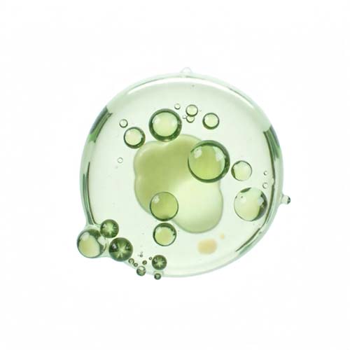 Petri dish with pale green liquid and numerous bubbles in thin circles in a lab setting.