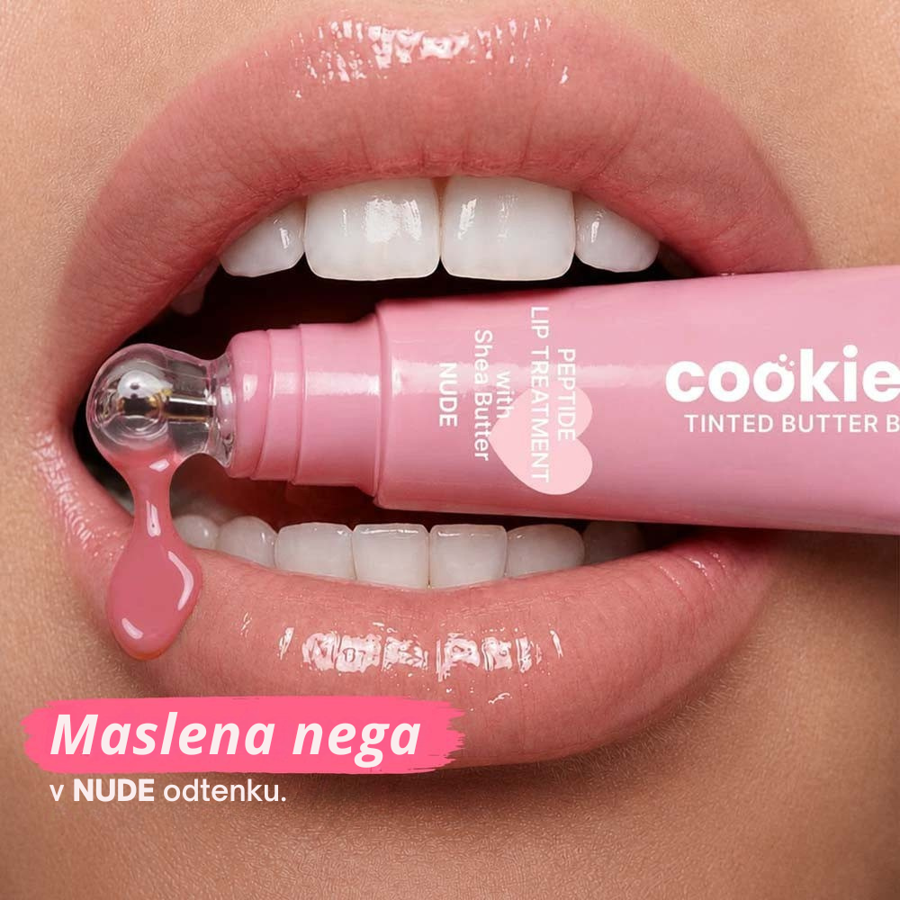 Close-up of glossy pink lips being coated with a pink lip balm tube labeled 'cookie' in the mouth.