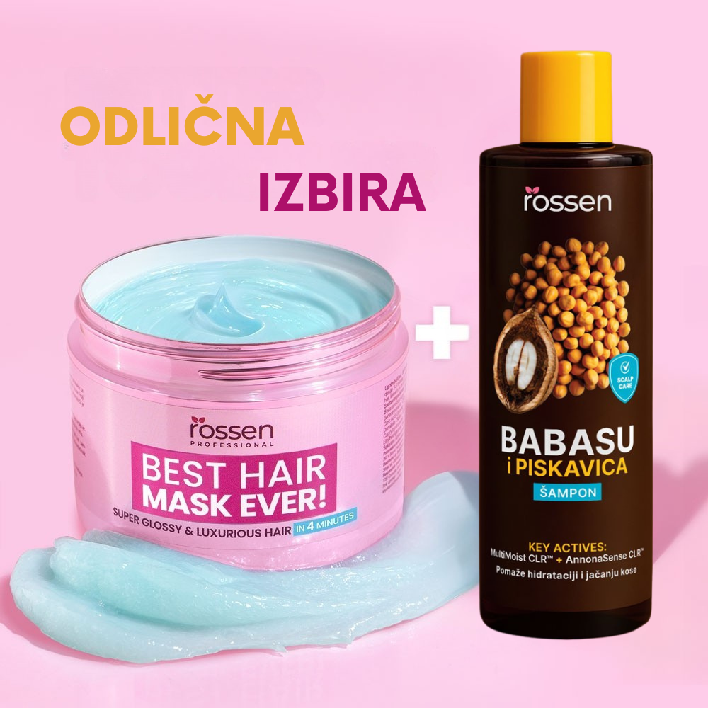 Promotional banner showing a pink jar of hair mask and a brown Babasu shampoo bottle on a pink background with 'ODLIČNA IZBIRA' text.