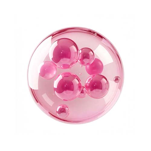 Pink soap bubble with several smaller pink bubbles inside, on a white background.