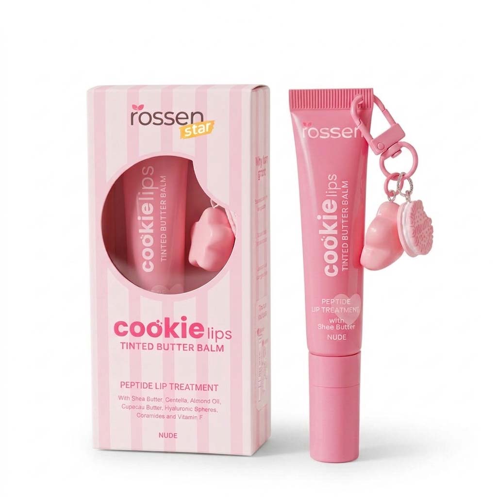Pink cookie lips tinted butter balm set: pink striped box and matching pink tube with a small heart charm/keychain accessory.