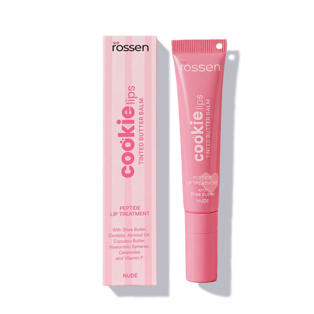 Pink tube of 'Cookies lips' tinted butter balm beside a matching pink striped box from Rossen, a peptide lip treatment (NUDE).