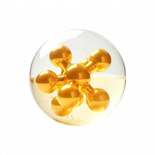 Gold-colored molecular model inside a transparent glass sphere, with connected spheres radiating from a central node